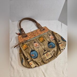 Fossil Key Per Tan and Blue Birdcage Print Shoulder Bag